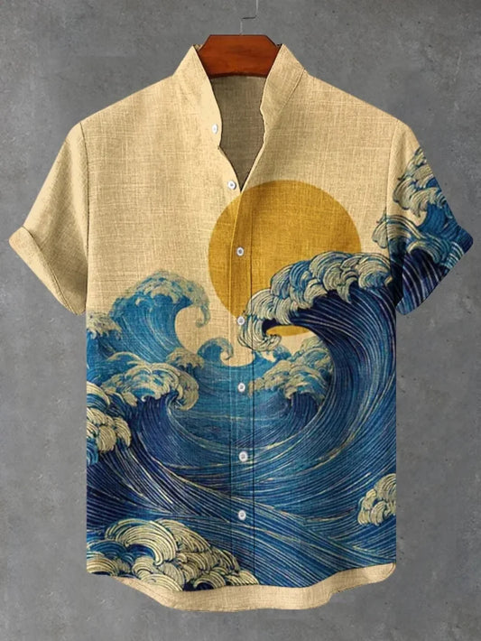 Men’s Artistic Print Shirt – Bamboo Linen Short Sleeve Casual Fashion Shirt Free Shipping