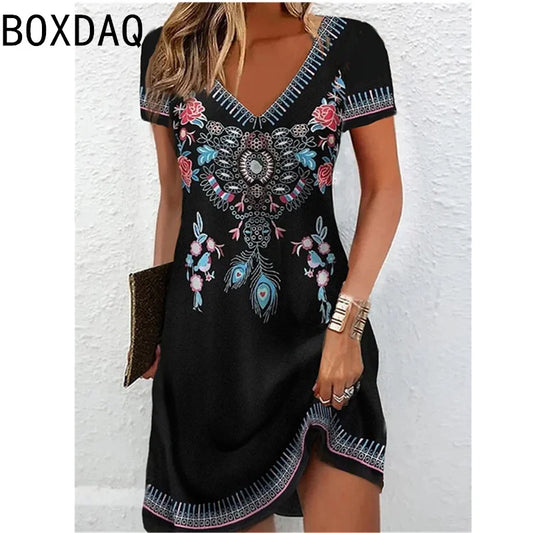 3D Printed Women’s V-Neck A-Line Dress – Casual Loose Short Sleeve Knee Length Dress Free Shipping