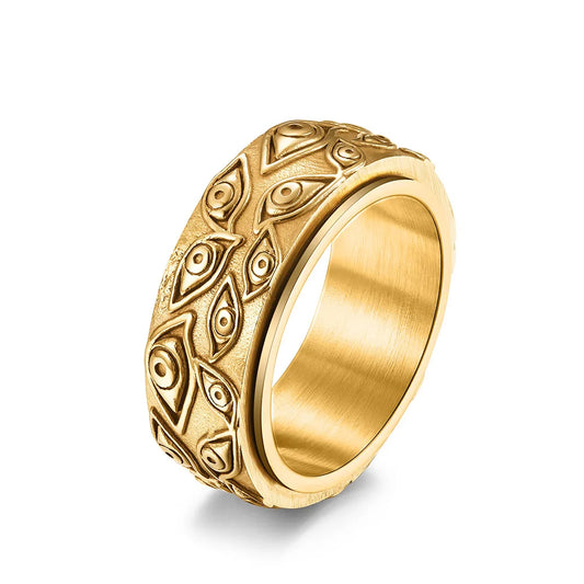 Ring featuring an eye-inspired carved design and durable stainless steel construction.