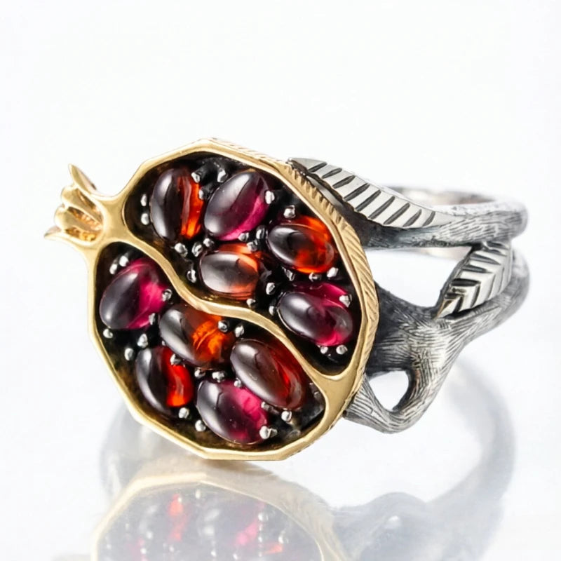 Women's Synthetic Ruby Pomegranate Ring – Elegant Silver Plated Jewelry Gift Free Shippi