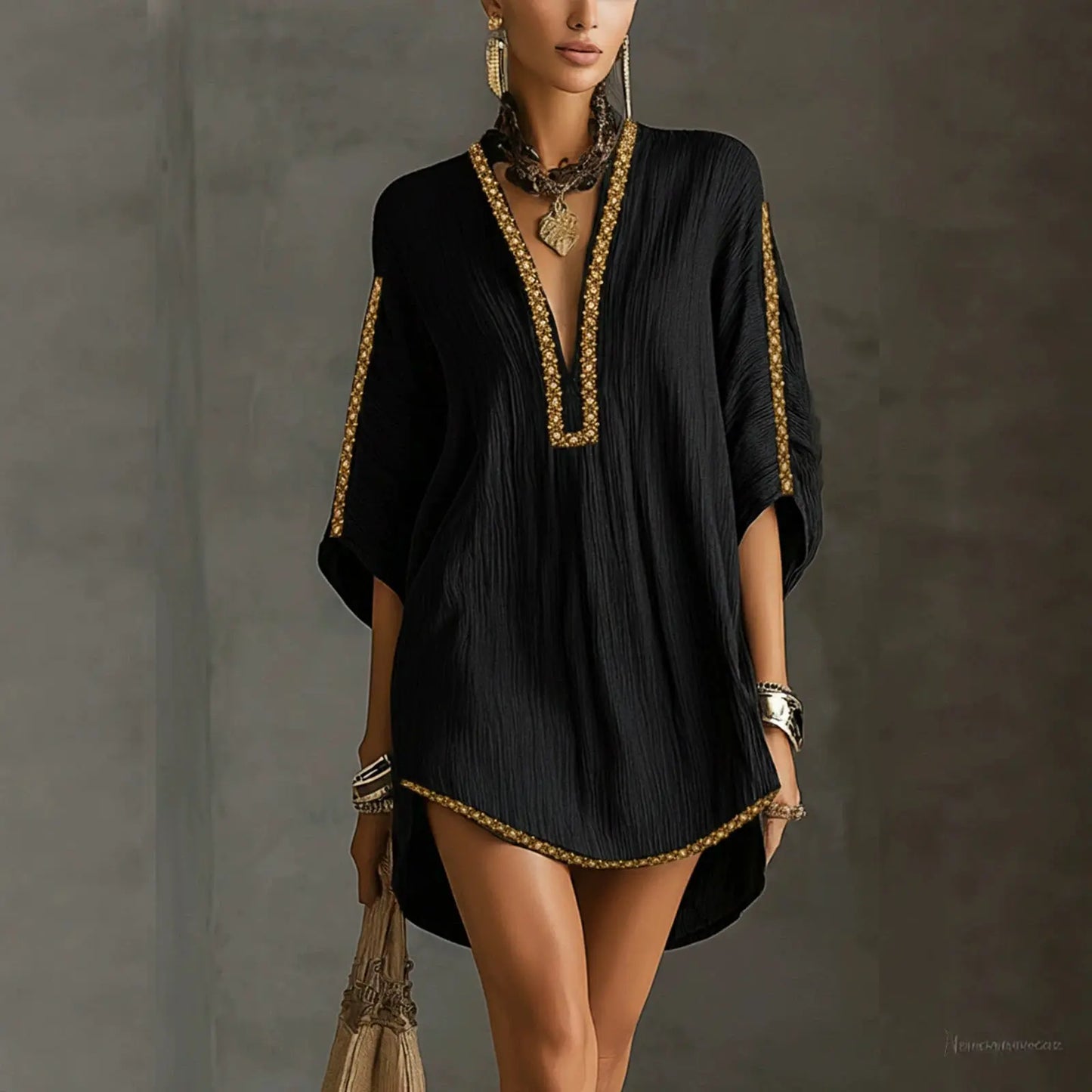 Elegant Women’s Summer Mini Dress – Deep V-Neck Loose Batwing Sleeve Holiday Dress Free Shipping