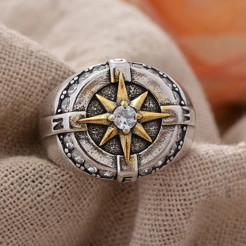 Compass Crystal Star Ring for Men – Punk Style Silver Ring Jewelry Gift Free Shippin