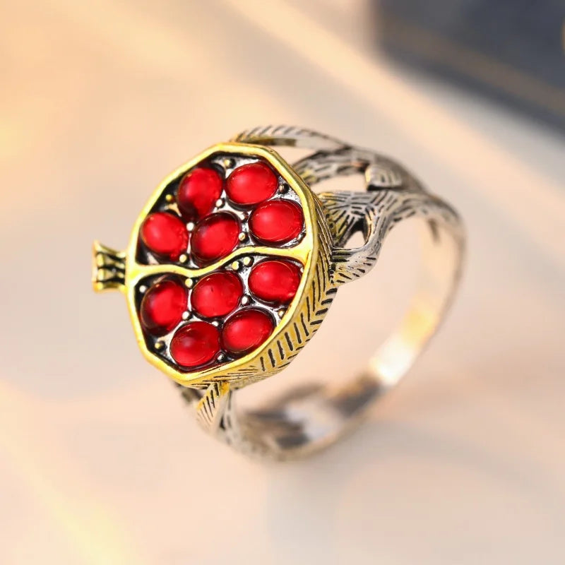 Women's Synthetic Ruby Pomegranate Ring – Elegant Silver Plated Jewelry Gift Free Shippi