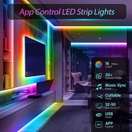 LumiAura Pro RGB LED Strip Lights – Smart App Control & Music Sync USB 5V Ambient Lighting (1m–30m)