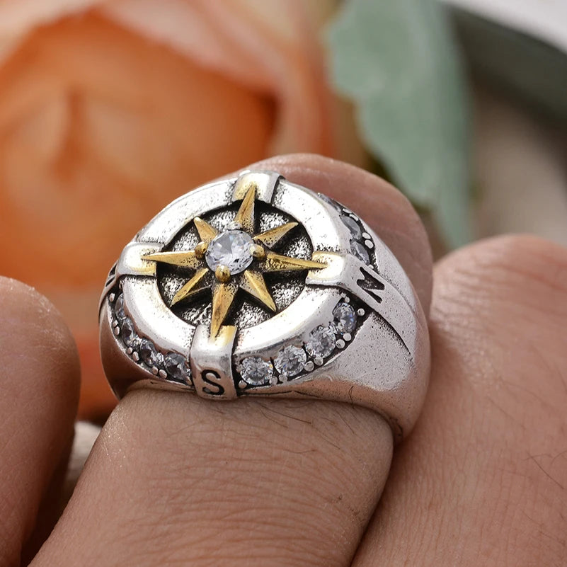 Compass Crystal Star Ring for Men – Punk Style Silver Ring Jewelry Gift Free Shippin