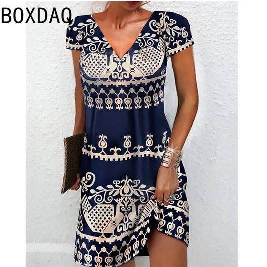 3D Printed Women’s V-Neck A-Line Dress – Casual Loose Short Sleeve Knee Length Dress Free Shipping