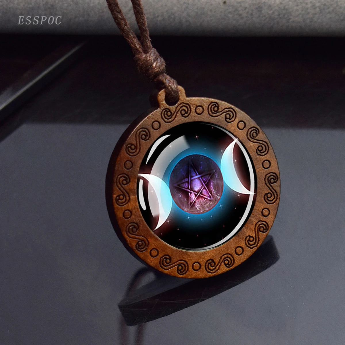 Triple Moon Goddess Glass Necklace Wood Pendant Wiccan Pentagram Necklace Vintage Magic Sign Jewelry Dropshipping