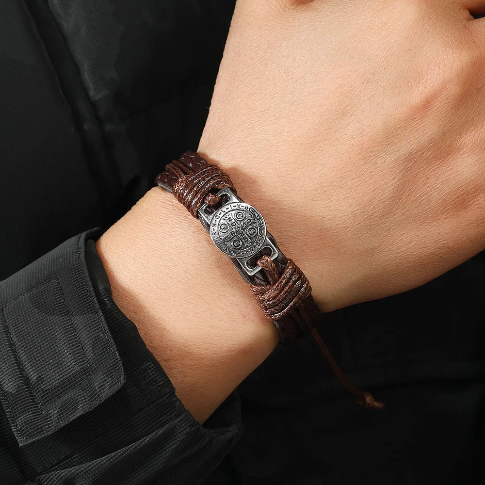 Men’s Leather Wrap Bracelet – Handmade Braided Cross Design Fashion Jewelry Gift Free Shipping