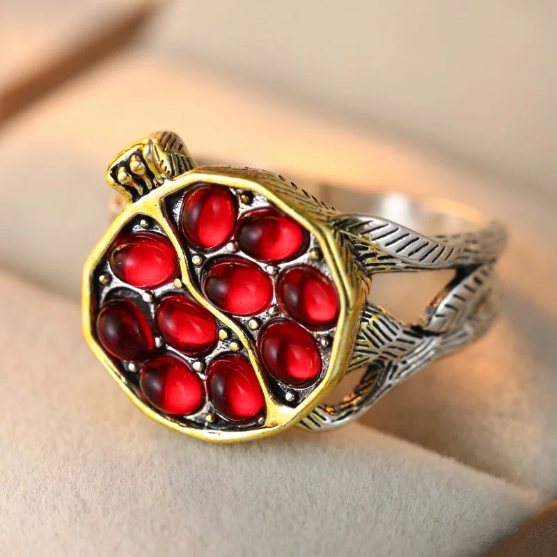 Women's Synthetic Ruby Pomegranate Ring – Elegant Silver Plated Jewelry Gift Free Shippi