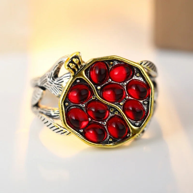 Women's Synthetic Ruby Pomegranate Ring – Elegant Silver Plated Jewelry Gift Free Shippi