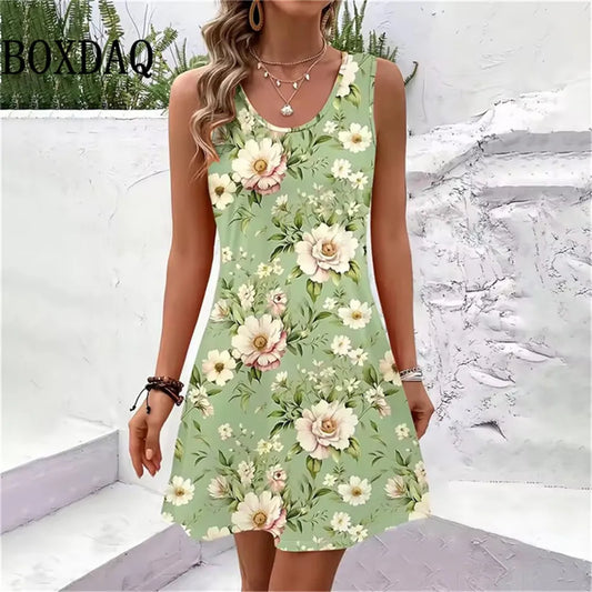 Sleeveless A-Line Beach Sundress | Loose Casual Vacation Mini Dress for Women