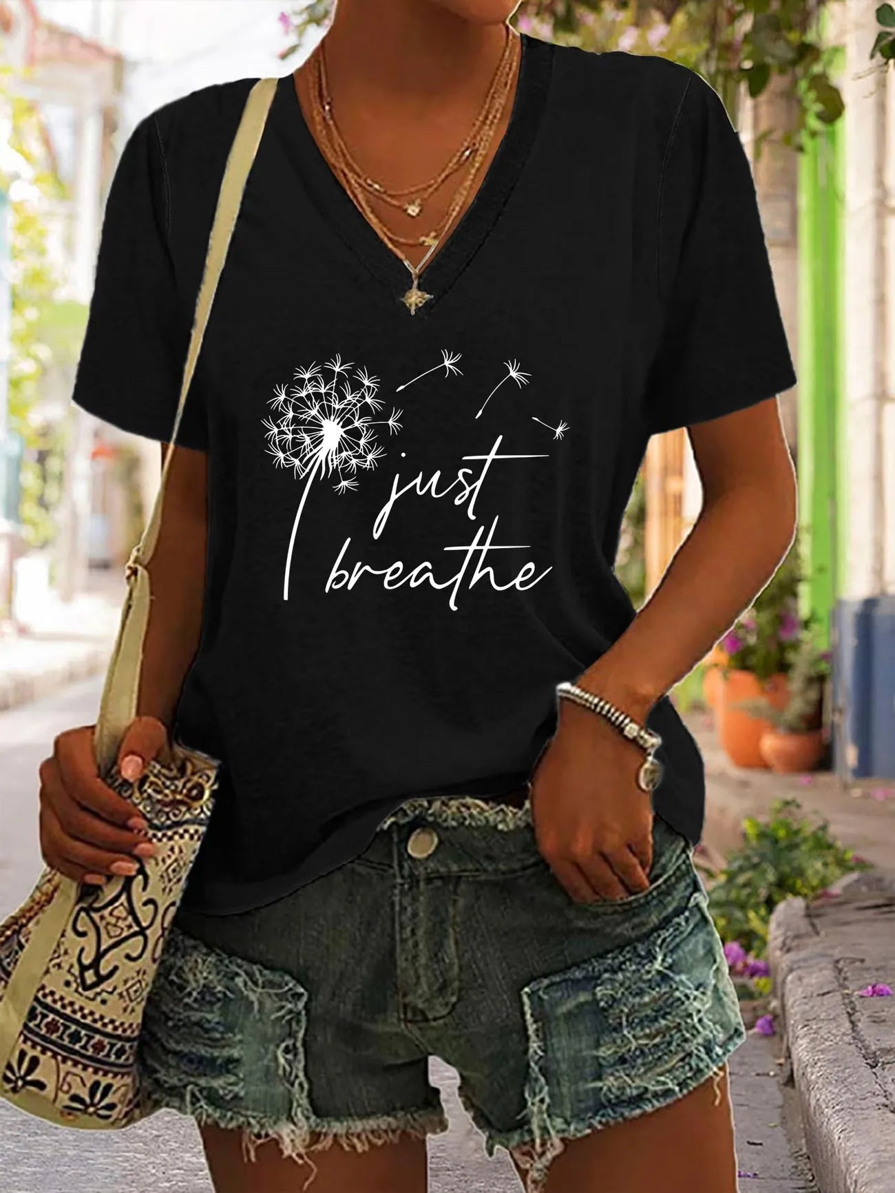 Just Breathe Dandelion T-shirt V Neck Casual Fashion Y2k Printed T Shirts Women Short Sleeve Tee Shirt V-Neck Summer