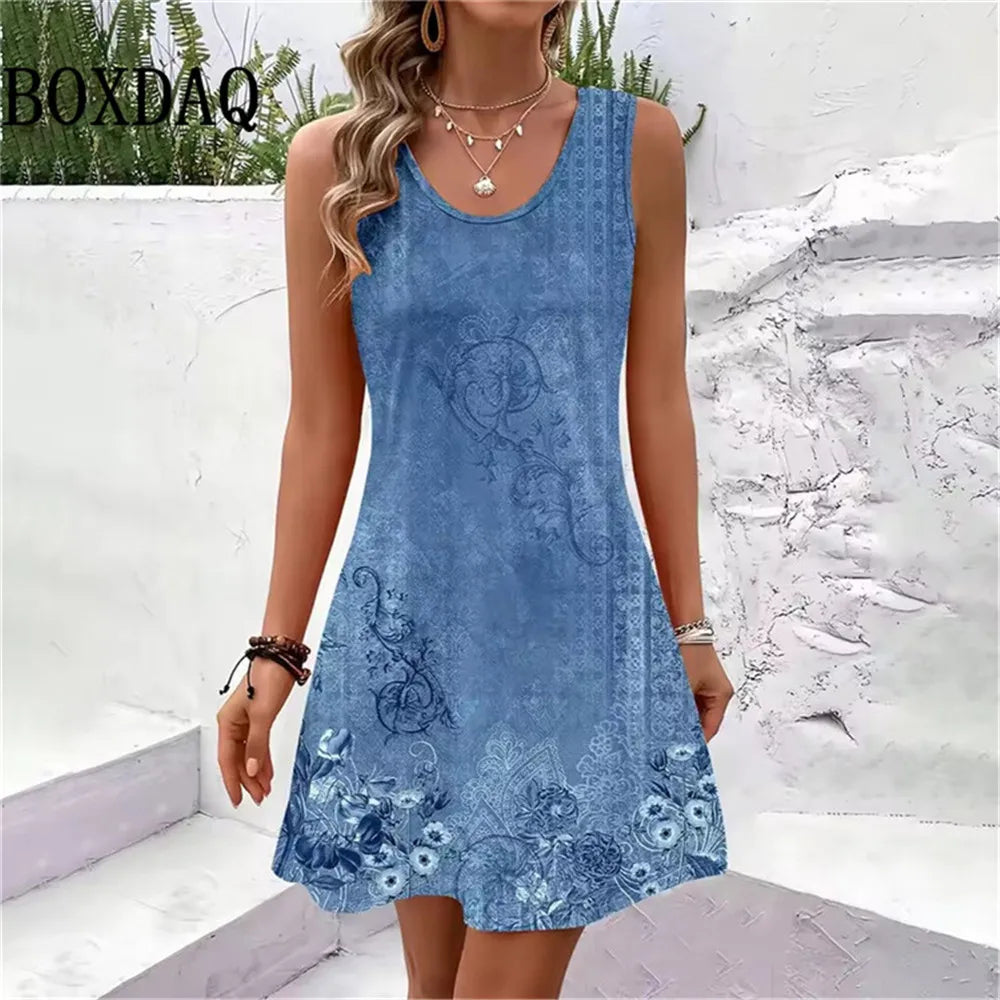 Sleeveless A-Line Beach Sundress | Loose Casual Vacation Mini Dress for Women