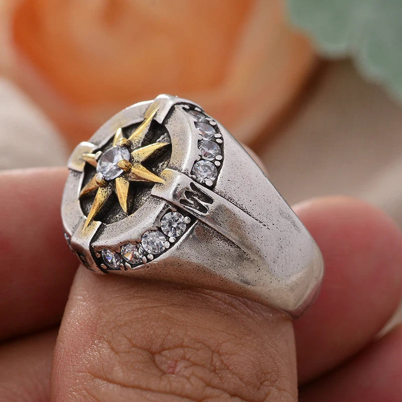 Compass Crystal Star Ring for Men – Punk Style Silver Ring Jewelry Gift Free Shippin