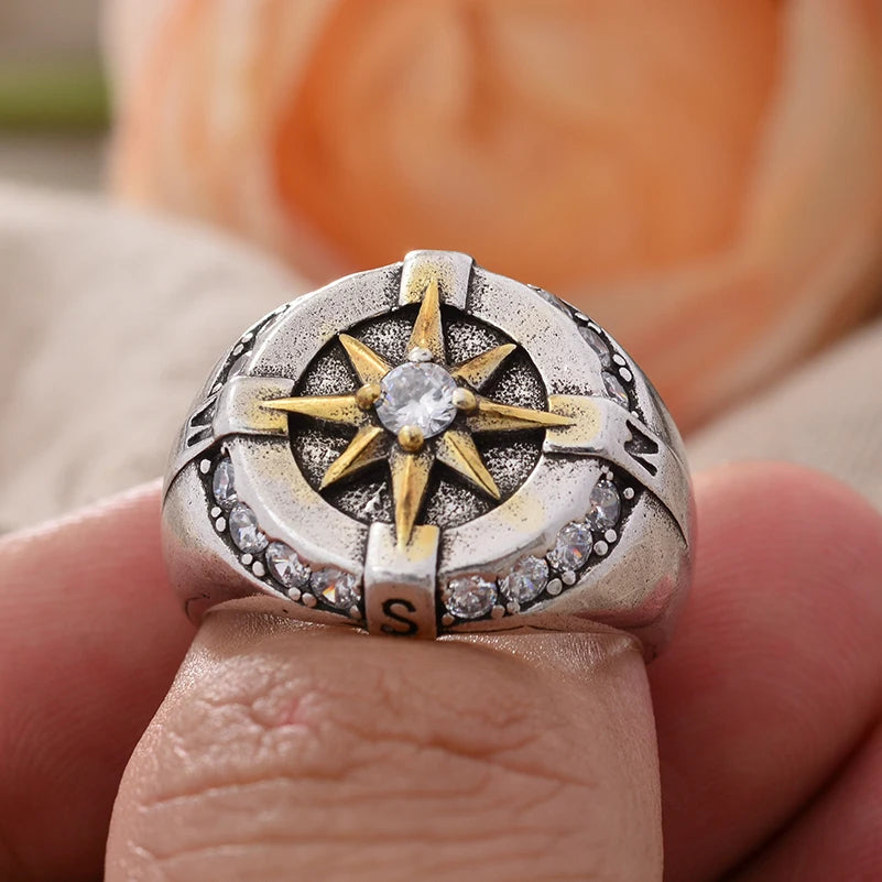 Compass Crystal Star Ring for Men – Punk Style Silver Ring Jewelry Gift Free Shippin