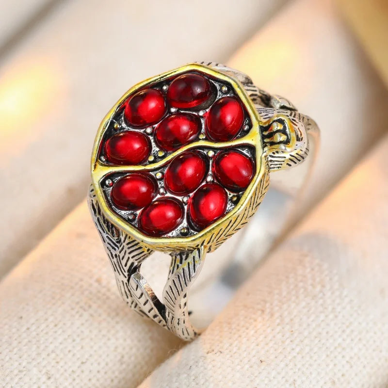 Women's Synthetic Ruby Pomegranate Ring – Elegant Silver Plated Jewelry Gift Free Shippi