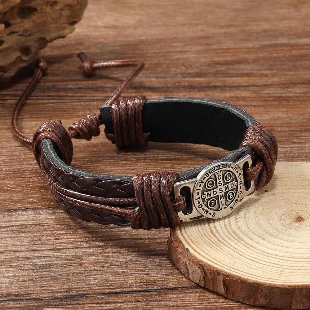 Men’s Leather Wrap Bracelet – Handmade Braided Cross Design Fashion Jewelry Gift Free Shipping
