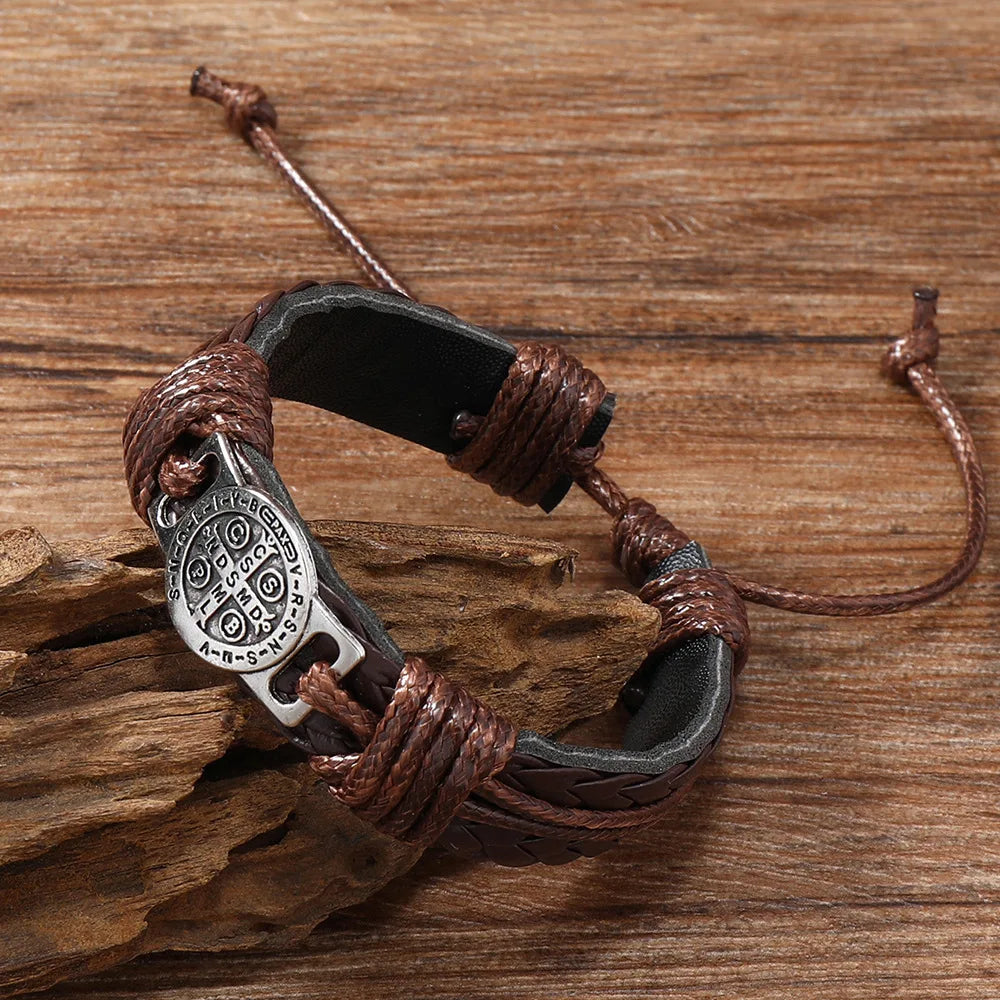 Men’s Leather Wrap Bracelet – Handmade Braided Cross Design Fashion Jewelry Gift Free Shipping