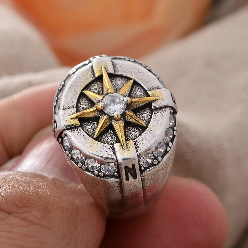 Compass Crystal Star Ring for Men – Punk Style Silver Ring Jewelry Gift Free Shippin