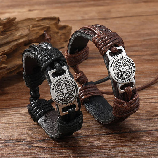 Men’s Leather Wrap Bracelet – Handmade Braided Cross Design Fashion Jewelry Gift Free Shipping
