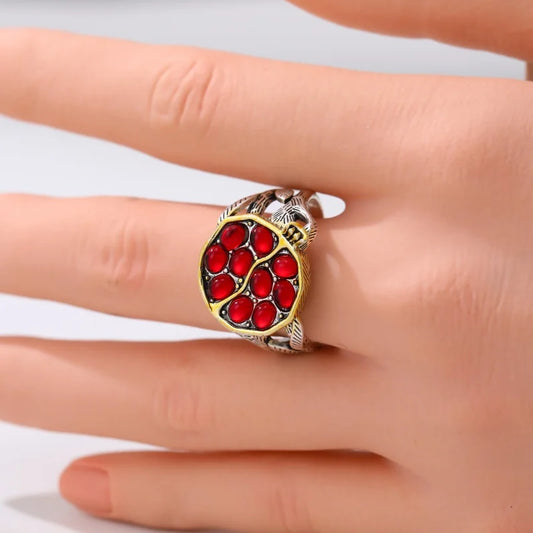 Women's Synthetic Ruby Pomegranate Ring – Elegant Silver Plated Jewelry Gift Free Shippi