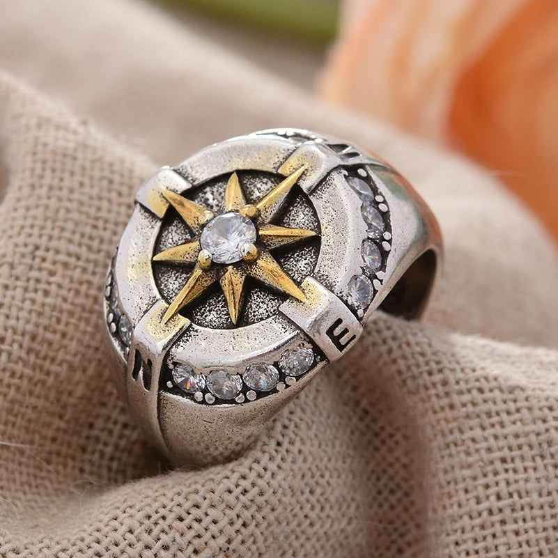 Compass Crystal Star Ring for Men – Punk Style Silver Ring Jewelry Gift Free Shippin