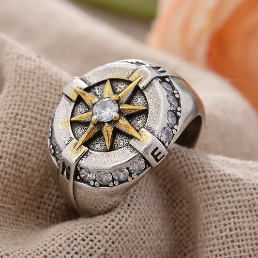 Compass Crystal Star Ring for Men – Punk Style Silver Ring Jewelry Gift Free Shippin